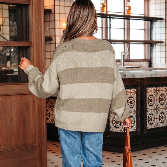 B312 Khaki Striped Color Block Brushed Knit Bow Tie Front Sweater/Cardigan - Picture 5 of 5